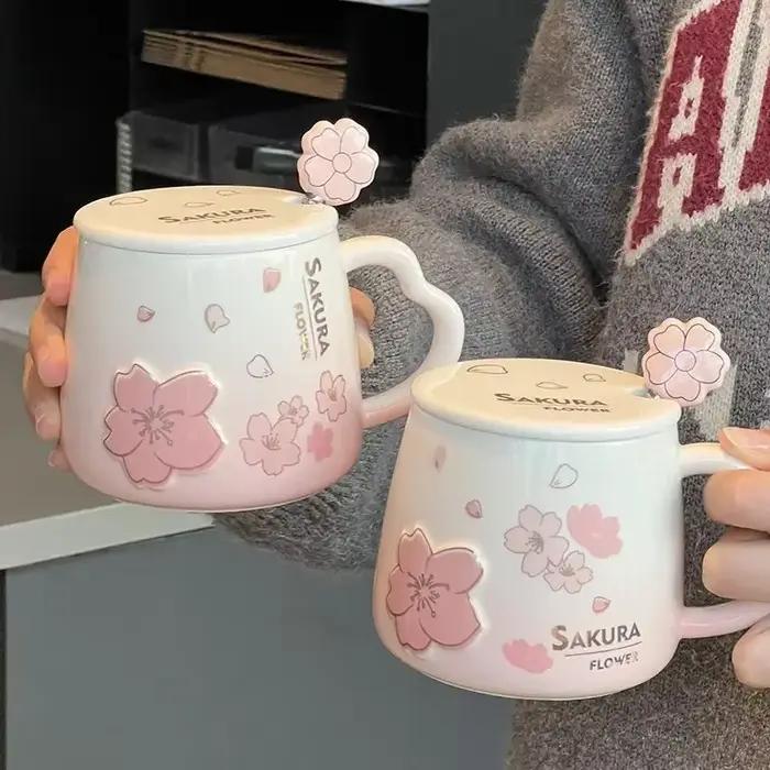 Tasse en céramique avec couvercle et cuillère, belle tasse à café, lait, poudre de Sakura, ménage, a