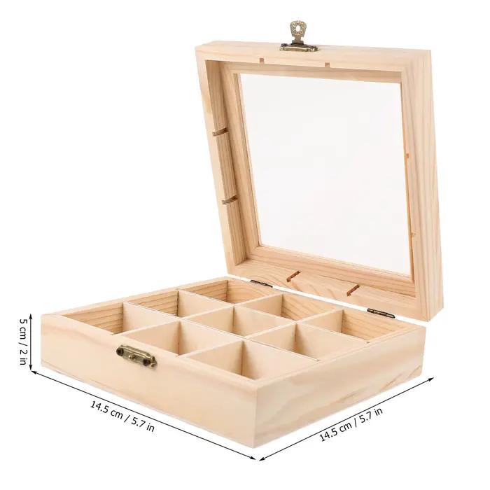 Boîte à thé en bois 9 grilles, boîte de rangement de thé multifonctionnelle 14,5x14,5x5,00cm, boîtes