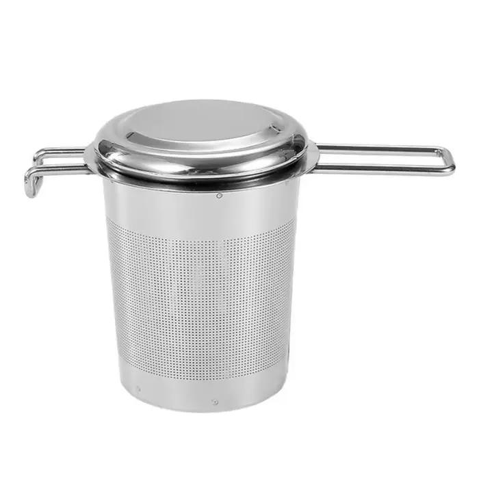 Infuseur à thé en vrac en acier inoxydable à double poignée avec couvercle, filtre à café à mailles 