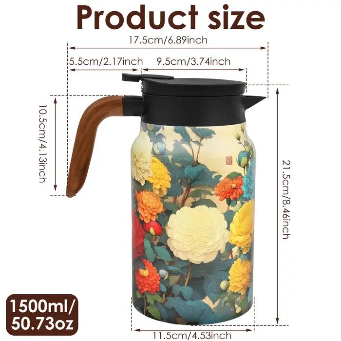 Thermos à thé vintage floral de 1500 ml avec infuseur, bouilloire à thé en acier inoxydable, théière