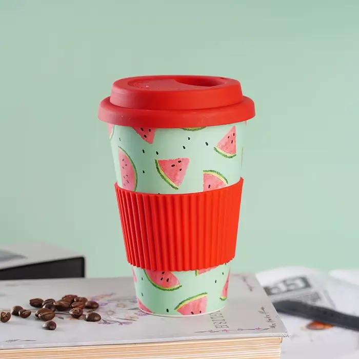 Tasse à café en fibre de bambou avec couvercle en silicone, autocollant de lait de petit déjeuner bi