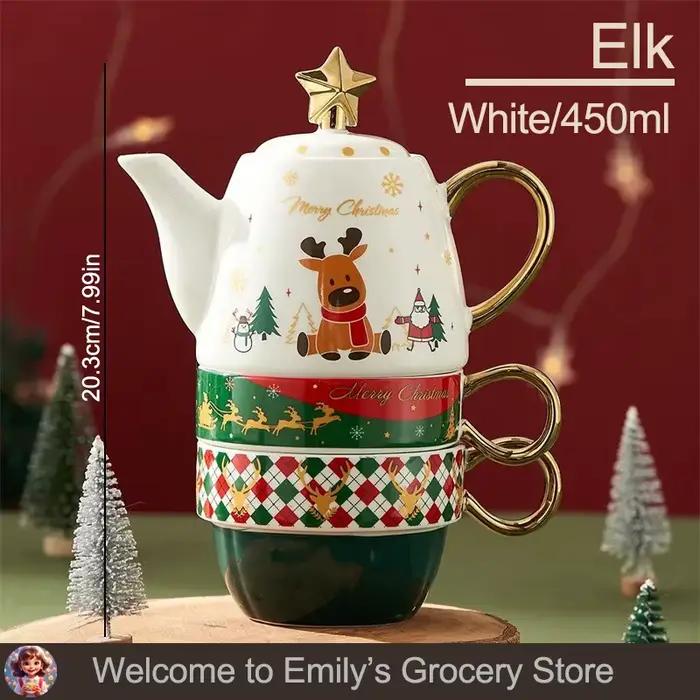 Théière en céramique de Noël avec couvercle, service à thé cadeau, verres, fête du père Noël, tasse 