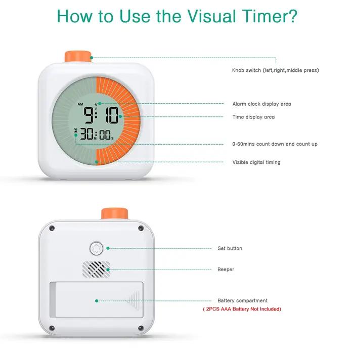 ORIA – minuterie visuelle numérique, chronomètre de compte à rebours de 60 minutes avec réveil pour 