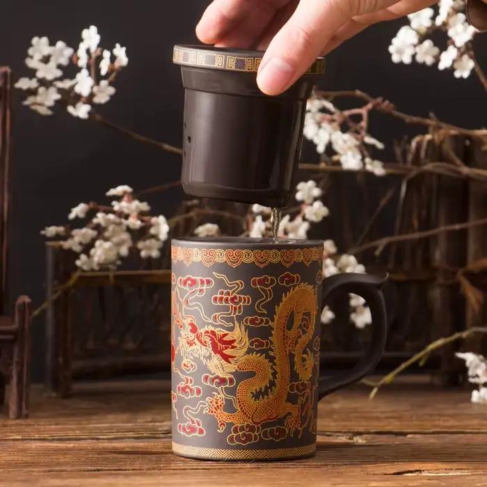 Tasse à thé en argile violette Dragon Beauty faite à la main avec couvercle et infuseur