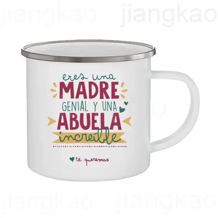 Tasse à café en émail imprimée espagnole dessin animé pour grand-mère occasions spéciales anniversaires vacances café matinal