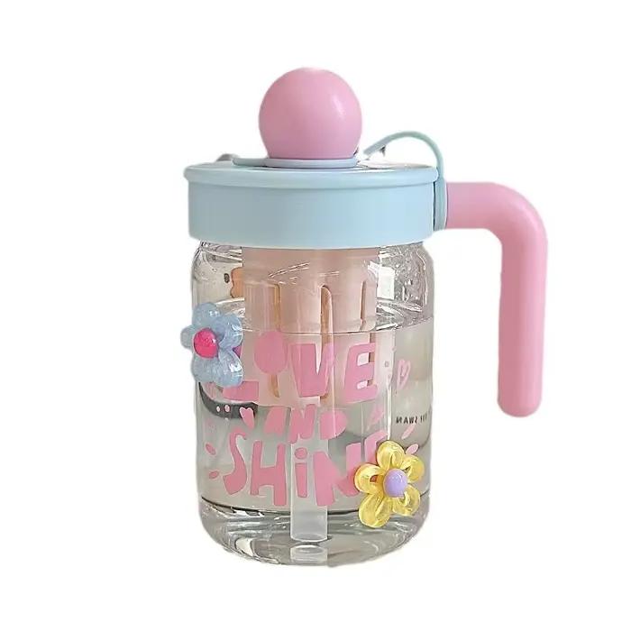 Mignonne tasse en verre à motif de dessin animé avec paille et infuseur à thé