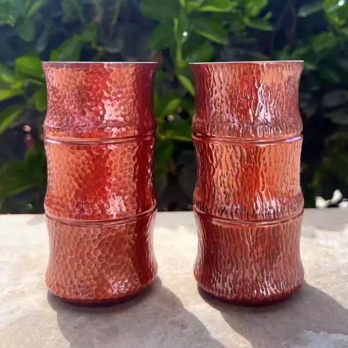 Tasse à café en cuivre rouge artisanale en forme de bambou pour café ou thé à offrir pour maison ou restaurant