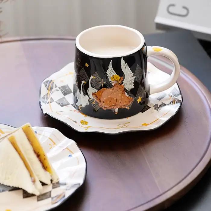 Tasse en céramique peinte à la main élégante et ensemble de soucoupes pour filles occasions spéciales thé café dessert après-midi