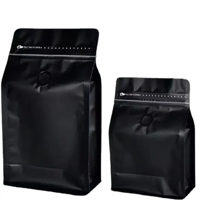 50 sachets en plastique noir mat avec fermeture éclair et valve pour café en poudre