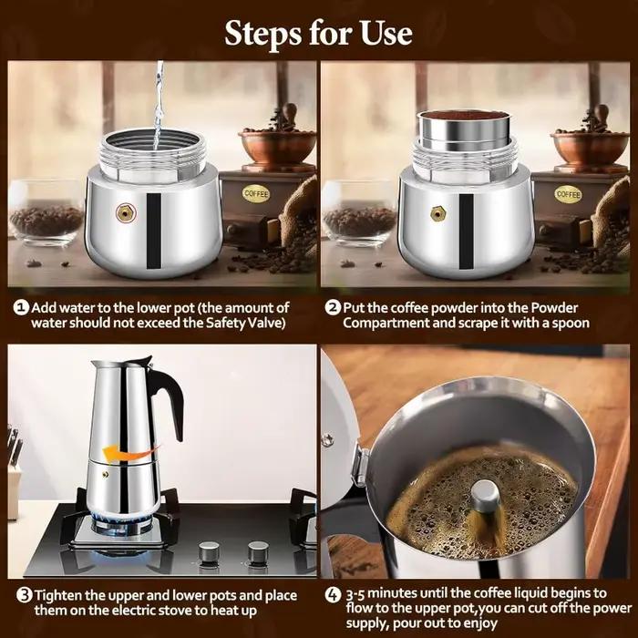 Cafetière Moka 6 tasses en acier inoxydable