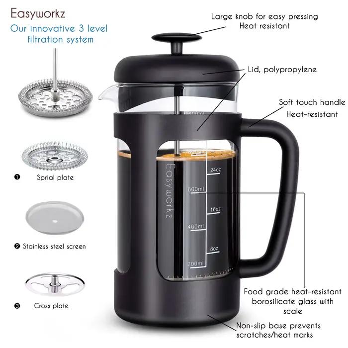 Easyworkz Cafetière à thé à pression française avec verre borosilicate