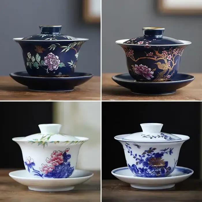 Palais luxe émail céramique Gaiwan tasse à thé peint à la main motif de fleur thé Tureen voyage bol à thé maison service à thé verres 150ml