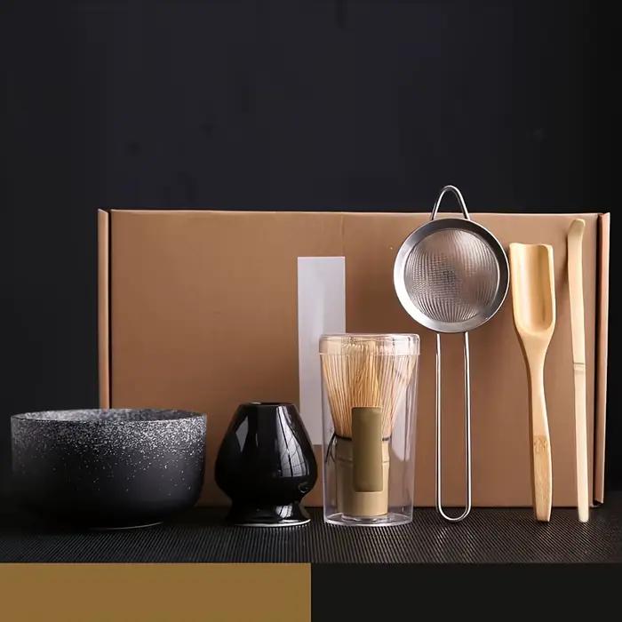 Ensemble de six pièces bol Matcha cuillère fouet à thé maille tamis décoration traditionnelle cérémonie thé japonais
