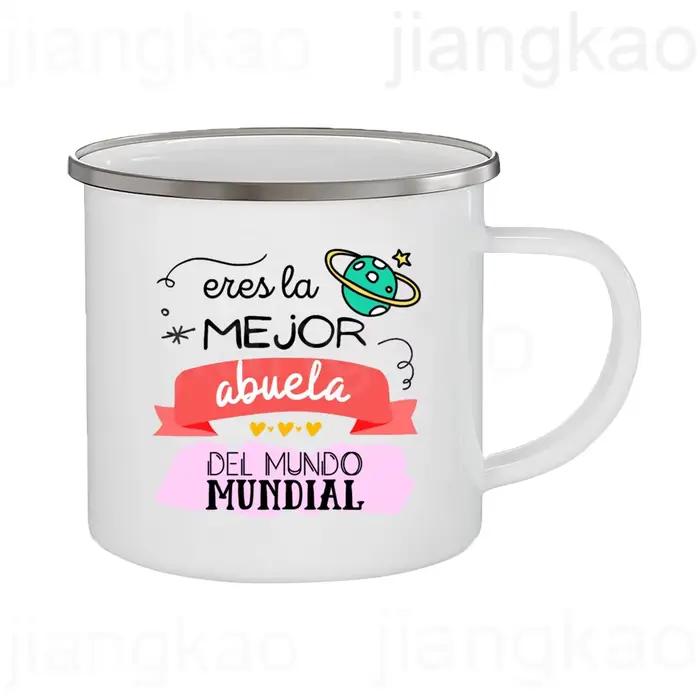 Tasse à café en émail imprimée espagnole dessin animé pour grand-mère occasions spéciales anniversaires vacances café matinal