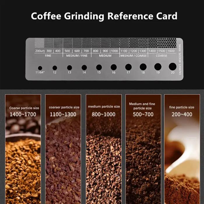 Carte de référence pour la finesse de mouture du café - Échelle de comparaison de la épaisseur de la poudre - Outil de barista pour la calibration du moulin