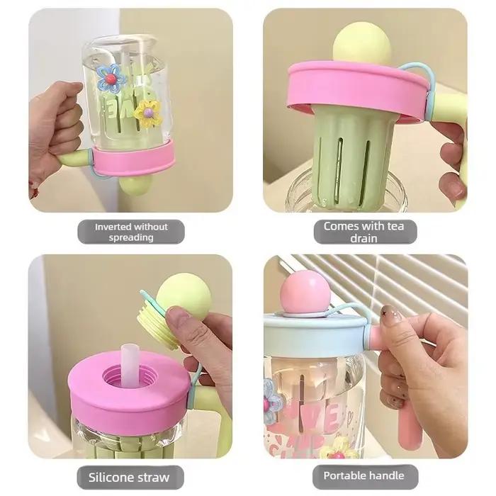 Mignonne tasse en verre à motif de dessin animé avec paille et infuseur à thé