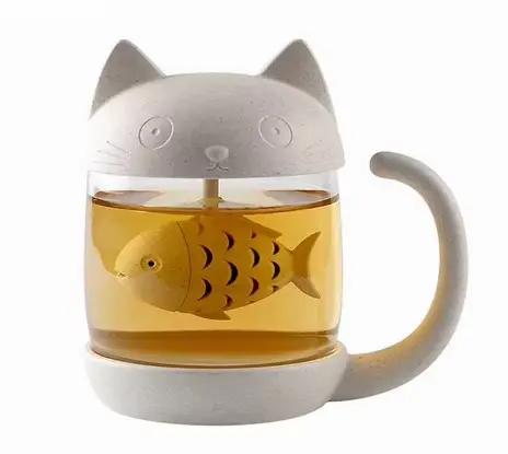 Tasse à thé en verre pour chat avec infuseur à thé au poisson