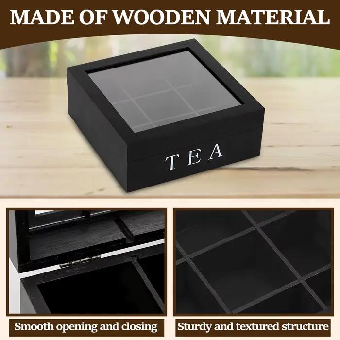 Boîte de rangement de sachets de thé en bois avec couvercle transparent