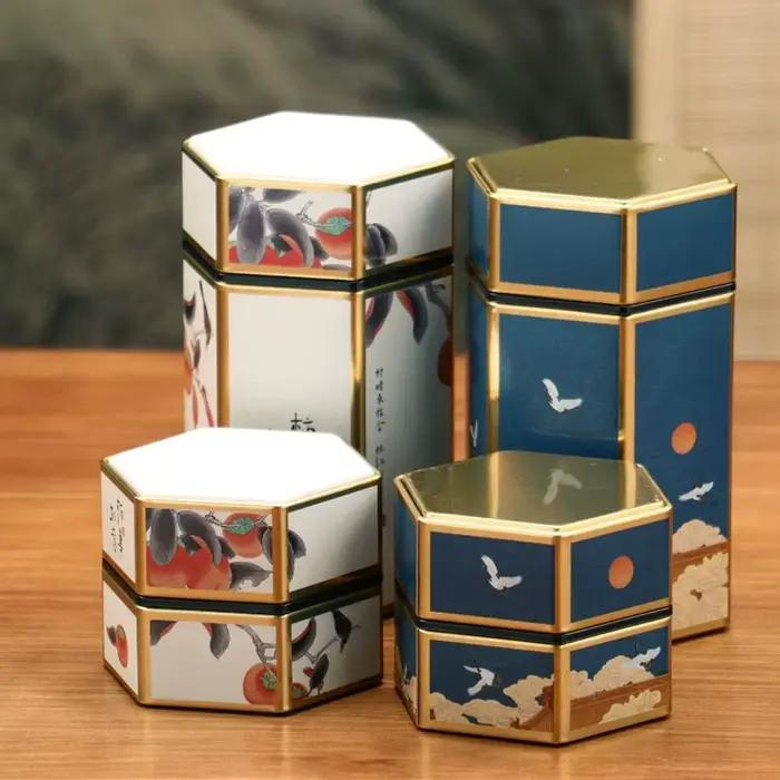 Boîte à thé hexagonale en fer blanc