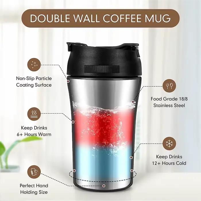 Tasse de voyage isolée en acier inoxydable avec paille pour café ou boissons froides adapté au bureau et en déplacement pour une consommation sans tracas
