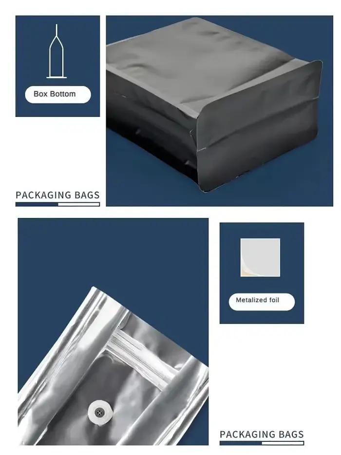 50 sachets en plastique noir mat avec fermeture éclair et valve pour café en poudre