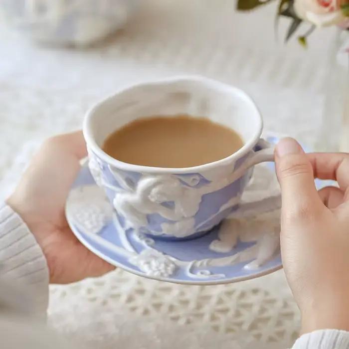 Ensemble de tasse à café et soucoupe vintage en céramique porcelaine, design palais européen, compatible micro-ondes et lave-vaisselle, cadeau occasionnel