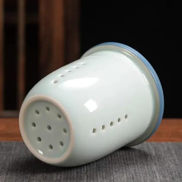 Tasse en céramique noire avec poignée en bois, compartiment pour thé, filtre intégré, design classique et européen, idéale pour bureau ou cadeau d'anniversaire
