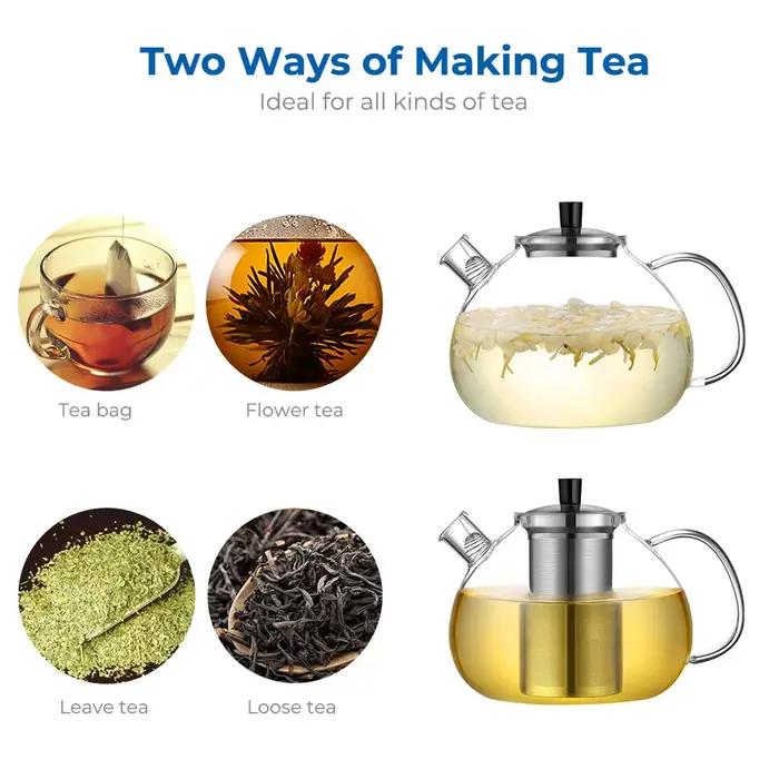 Grande théière en verre de 1,5L avec infuseur amovible, compatible avec les plaques de cuisson, idéale pour la maison et les occasions spéciales