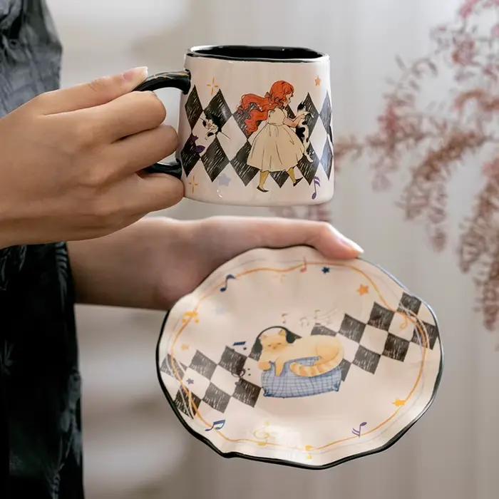 Tasse en céramique peinte à la main élégante et ensemble de soucoupes pour filles occasions spéciales thé café dessert après-midi