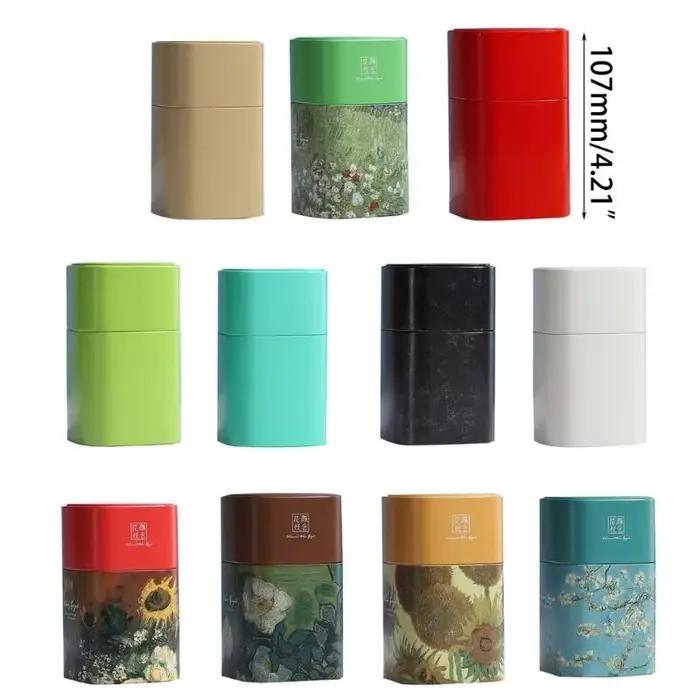Pot de stockage thé élégant récipient en métal durable pour stockage des herbes peinture à l'huile conteneur moderne rectangle pour collection de thés occasions spéciales cadeau