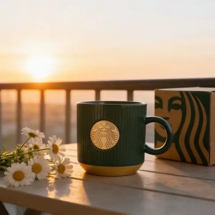 Mug Starbucks rétro en porcelaine jaune rayé avec badge sirène doré pour bureau et maison occasions spéciales