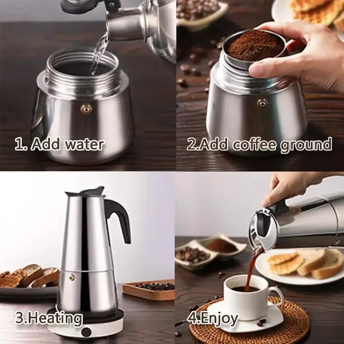Cafetiere moka acier inoxydable couleur beige bleu brun chocolat noir pour preparation espresso latte occasionnellement a la maison
