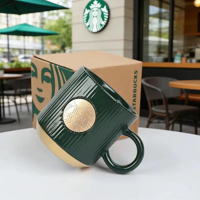Mug Starbucks rétro en porcelaine jaune rayé avec badge sirène doré pour bureau et maison occasions spéciales