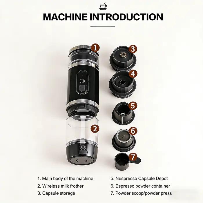 Machine à café portable à capsules espresso électrique chauffage sans fil batterie 7500mAh usage extérieur occasionnels et domicile