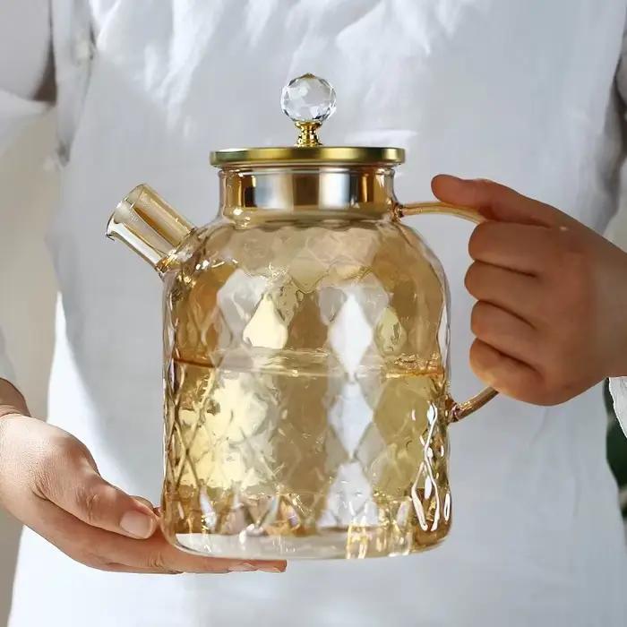 JUSTINLAU 1/1.8L théière verre à haute teneur en Borosilicate bouilloire d'eau froide avec couvercle et filtre ambre résistant à la chaleur thé en fleurs