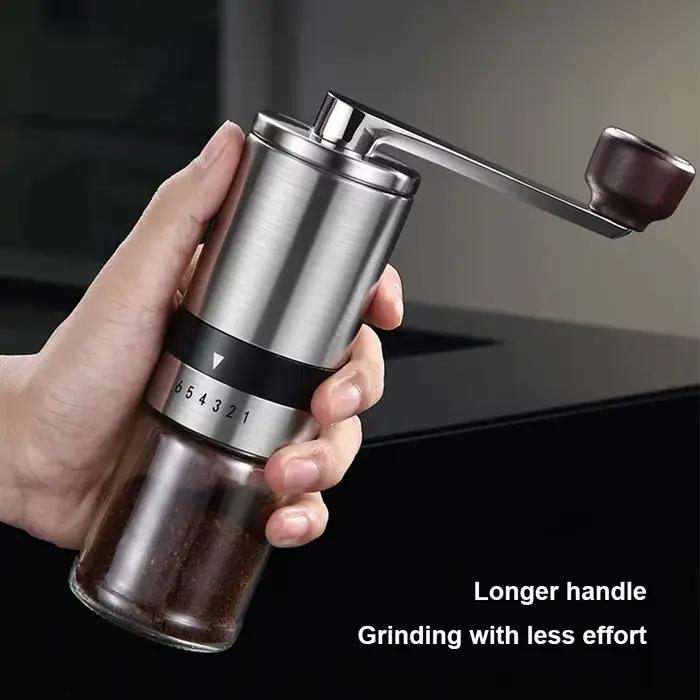 Moulin à café manuel en acier inoxydable avec mécanisme de meulage en céramique et nœud en bois pour café et poivre occasions quotidiennes et festives