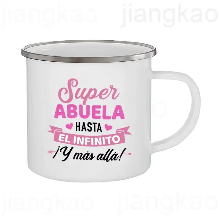 Tasse à café en émail imprimée espagnole dessin animé pour grand-mère occasions spéciales anniversaires vacances café matinal