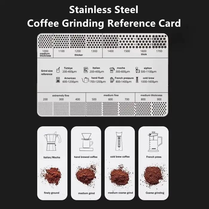 Carte de référence pour la finesse de mouture du café - Échelle de comparaison de la épaisseur de la poudre - Outil de barista pour la calibration du moulin