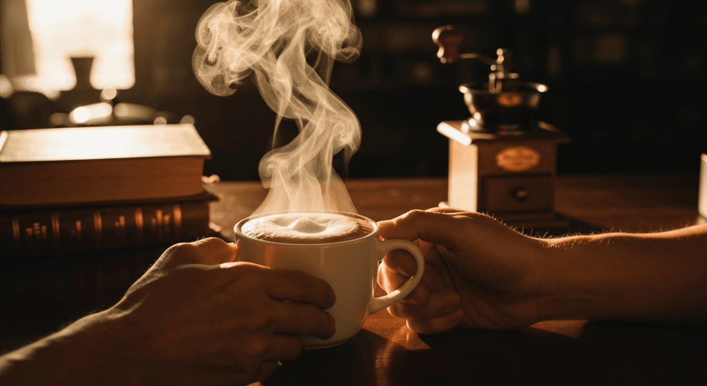 Mains autour d'un mug noir mat fumant, lumière douce du matin