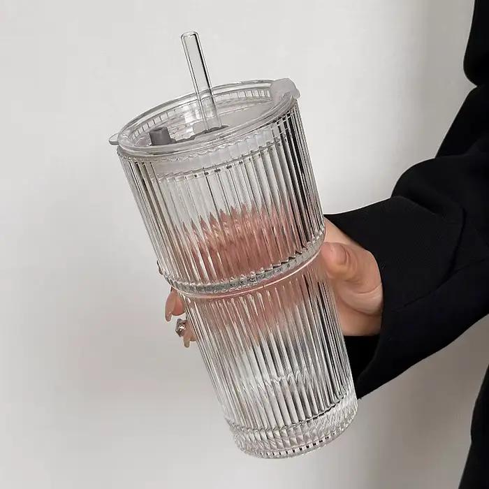 Tasse à café en verre à rayures de grande capacité, avec couvercle, verres à boire transparents en p
