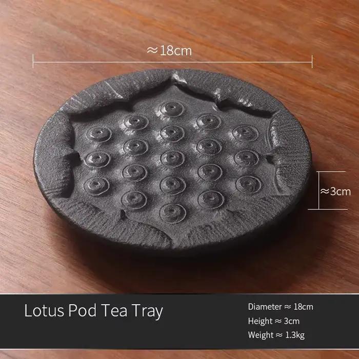 Plateau à thé Zen Lotus Pod – Basalt noir sculpté à la main, accessoire de cérémonie du thé en pierr