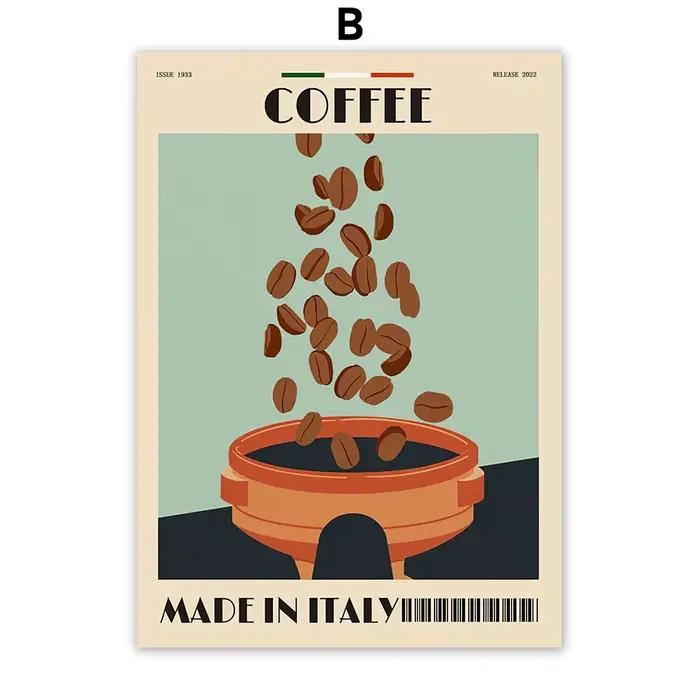Affiche murale sur toile avec motif de cafetière italienne et grains de café
