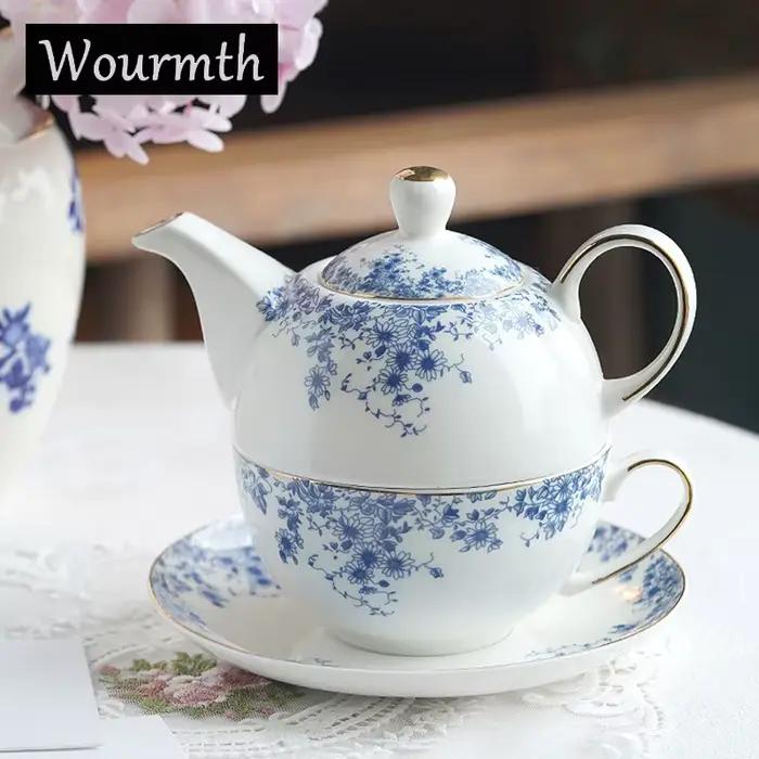 Ensemble de tasses à thé marguerite bleue et blanche classique pour la maison, théière à fleurs anglaises, tasse et soucoupe en céramique porcelaine pour l'après-midi