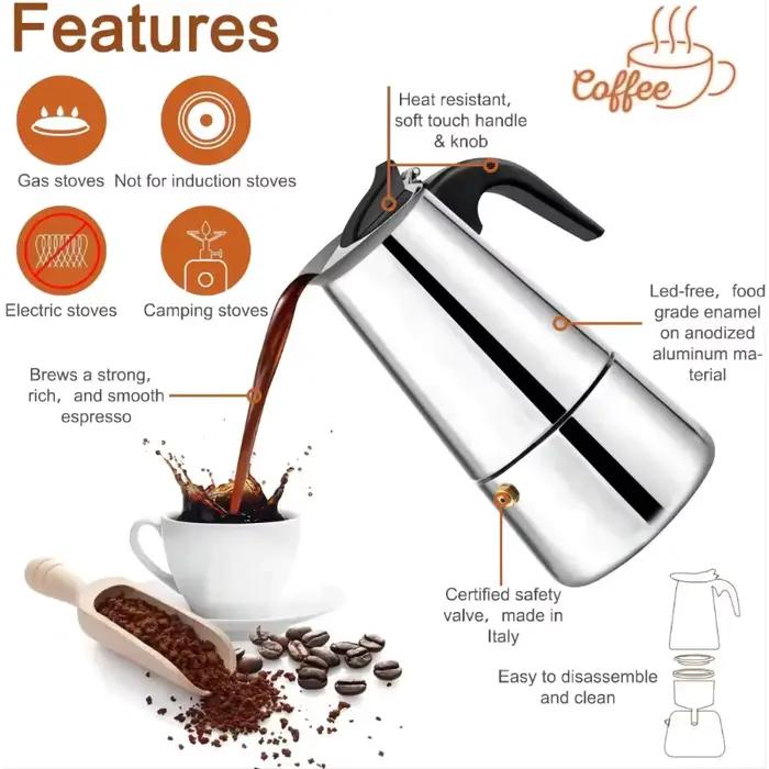 Cafetiere Moka Italienne Acier Inoxydable Tasses 2 4 6 9 12 Compatible Induction Gaz Electrique Cuisine Bureau Occasions Spéciales