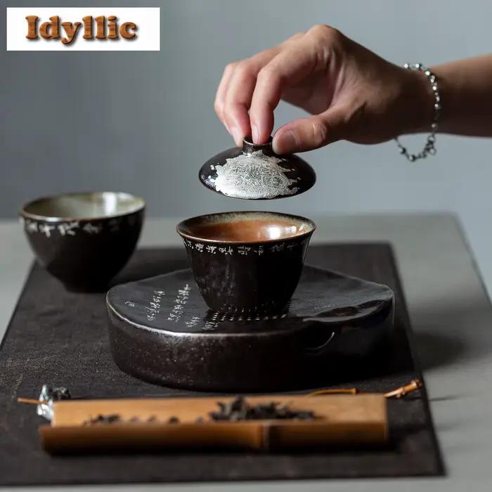 100ml noir glaçure poésie Gaiwan Antique thé Tureen bol à thé avec couvercle Kit thé faisant bol de couverture Services à thé accessoires cadeau