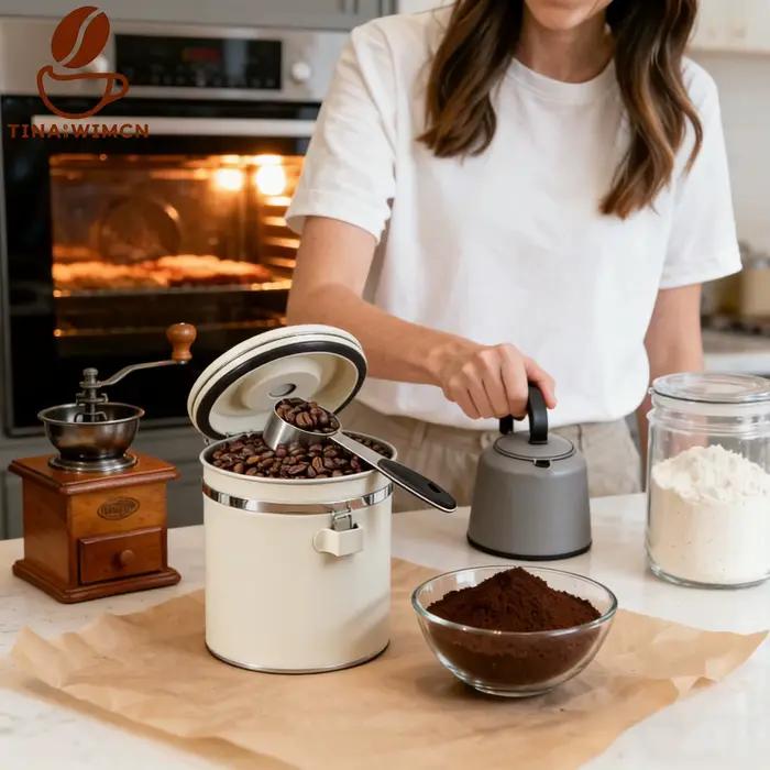 Le récipient à café conserve la fraîcheur avec cuillère et couvercle de suivi de date avec Valve de Co2