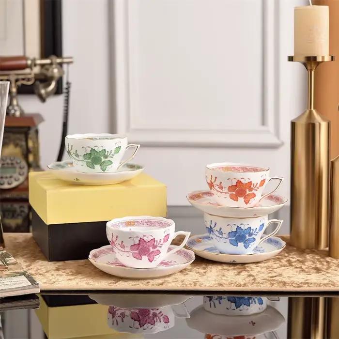 Tasse à café et soucoupe de thé de l'après-midi créatives, impression de fleurs et d'oiseaux, ensemble de tasses à thé noires, fournitures de cuisine, cadeau pour occasions spéciales
