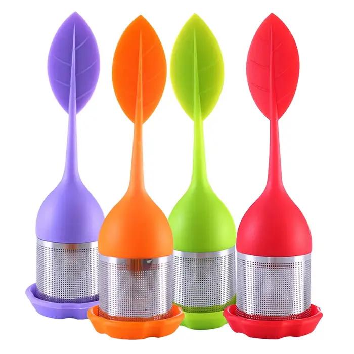 Infuseur à thé - Filtre à thé à mailles fines en acier inoxydable avec poignée en feuille de silicone sans BPA et bac d'égouttage pour tous les thé en feuilles mobiles