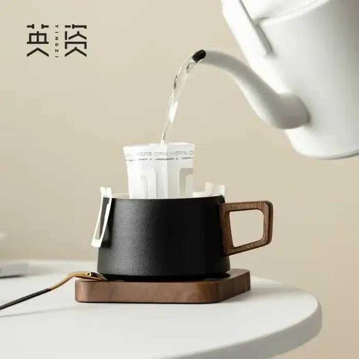 Ensemble de sous-verres en bois massif et tasses en céramique pour café et lait, style nordique, tasses à café avec plateau, boire et ménage occasions spéciales