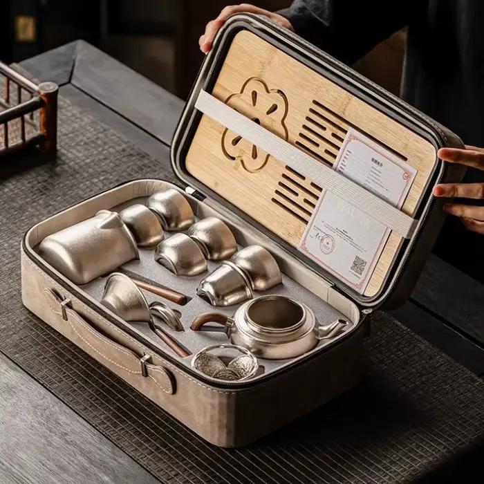 Ensemble de service à thé en titane pur avec plateau en bambou pour amateurs de thé occasions spéciales cadeau de luxe